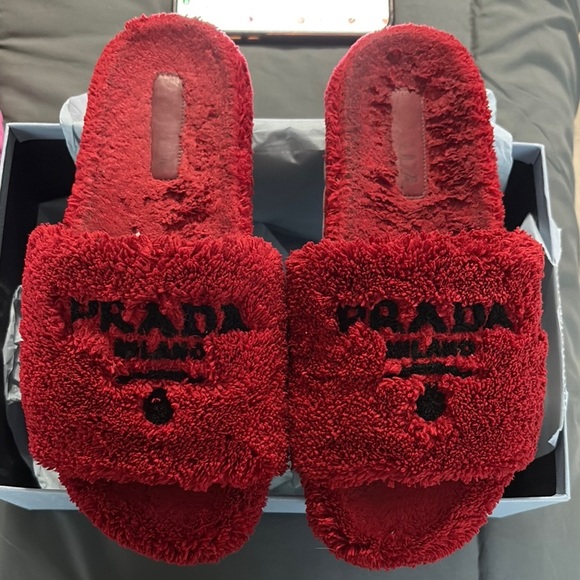 Prada Red Fuzzy Slide Sandals - Picture 2 of 7